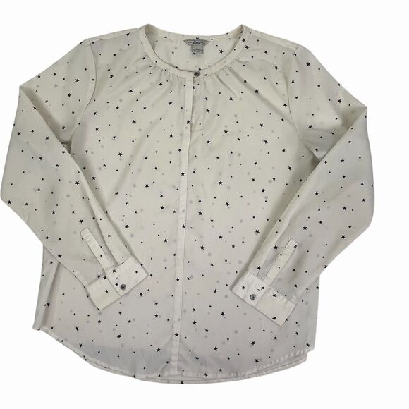 GH Bass Cream Navy Blue Star Print LS Career Top Covered Snapfront July 4th L - Picture 1 of 9